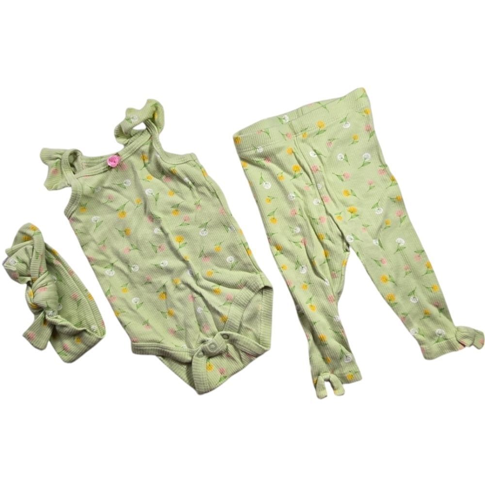 Baby Girl 0-3M Outfit Matching 3pc Set Green Onesie Floral Pants Headband Ribbed